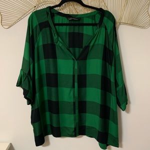 Zara Green Plaid Ruffle Sleeve Top